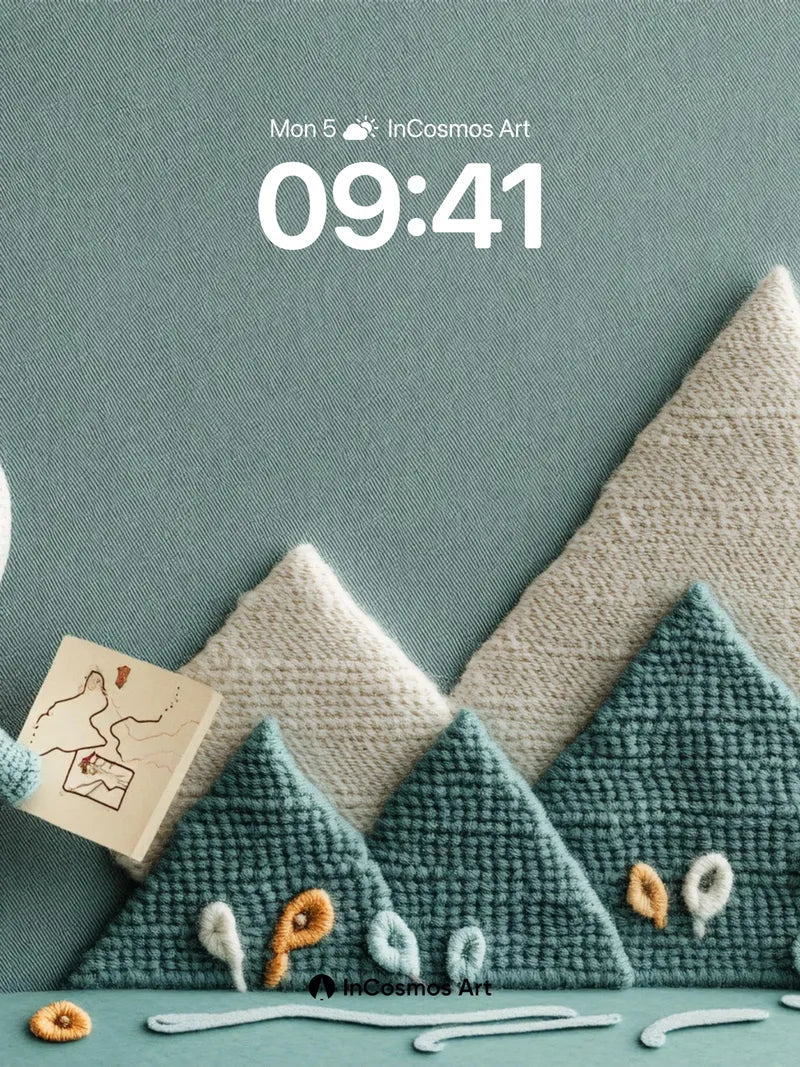 Knitted Mountain Adventure Wallpaper with Traveler Figure