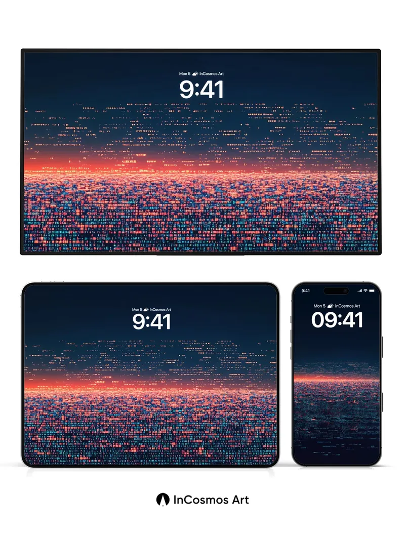 Neon Horizon Wallpaper with Digital Rain