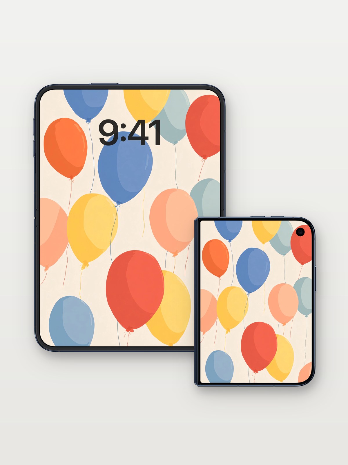 Playful Float Wallpaper with Colorful Balloons on iPhone Duo, open and closed