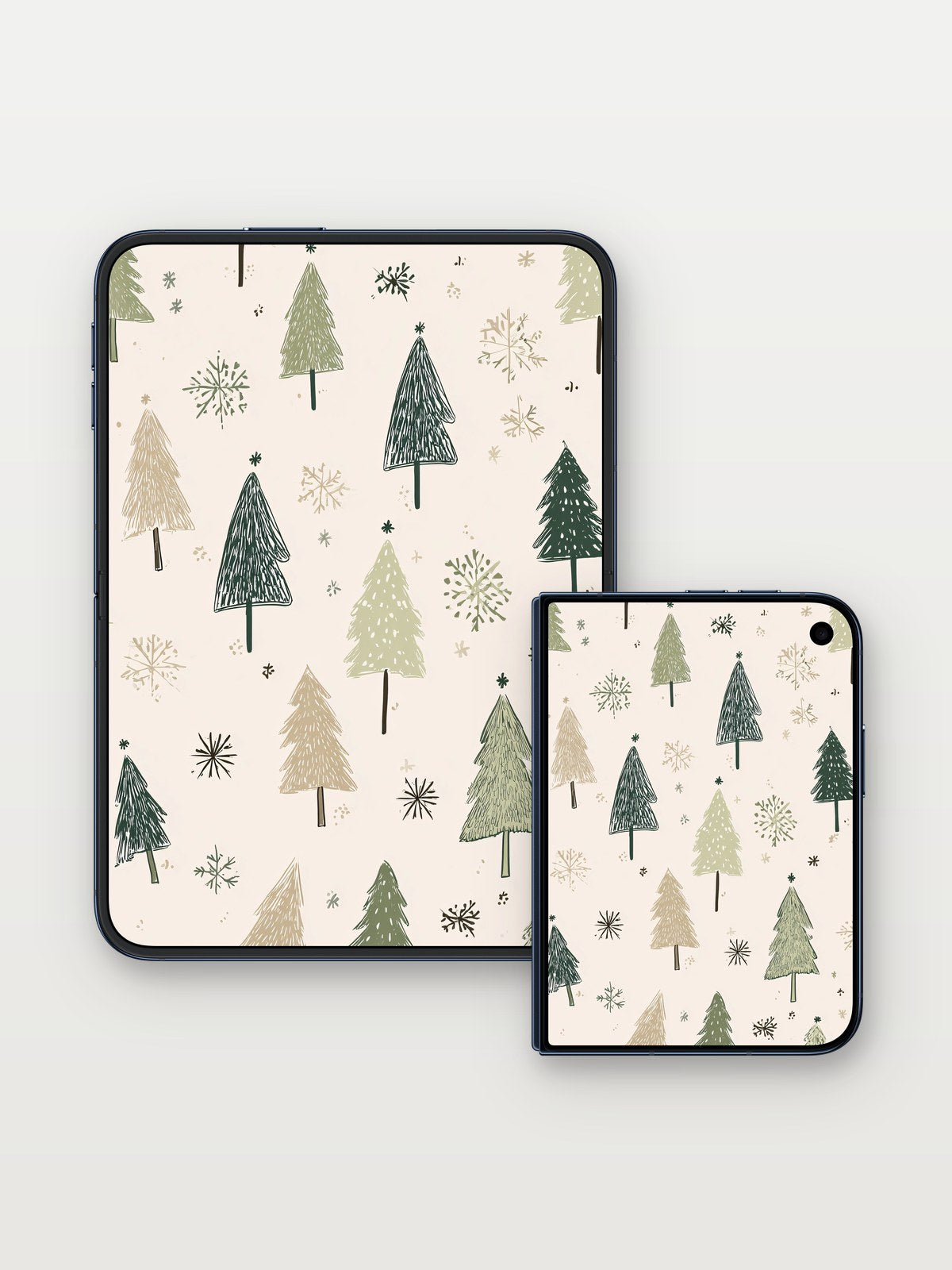 Whispering Pine Wallpaper with Snowflake Drifts on iPhone Duo, open and closed