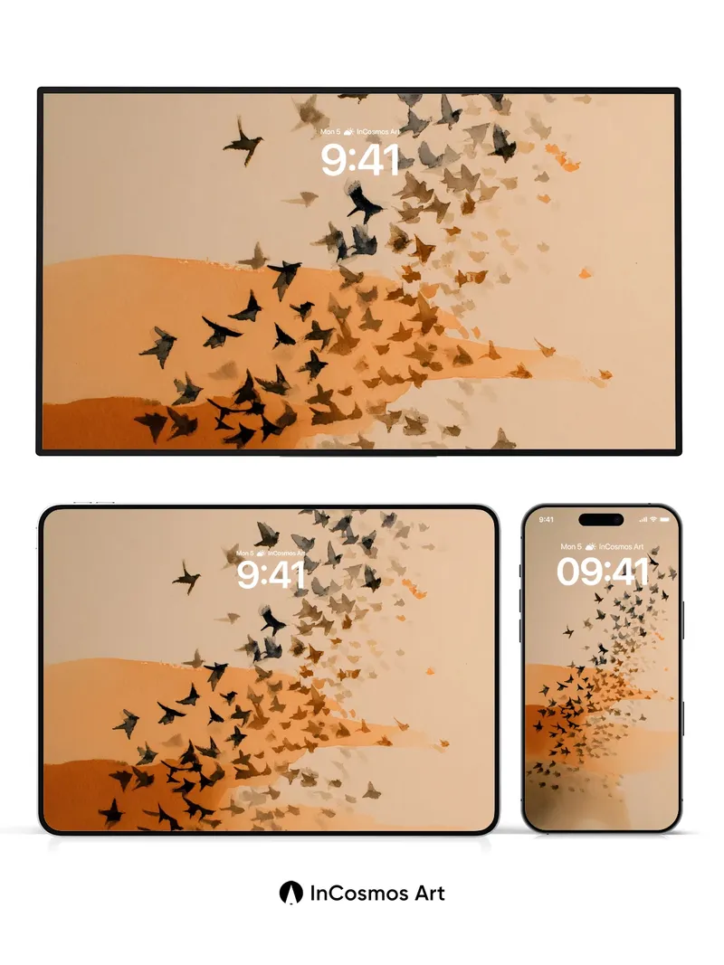 Silhouetted Flight Wallpaper with Amber Currents