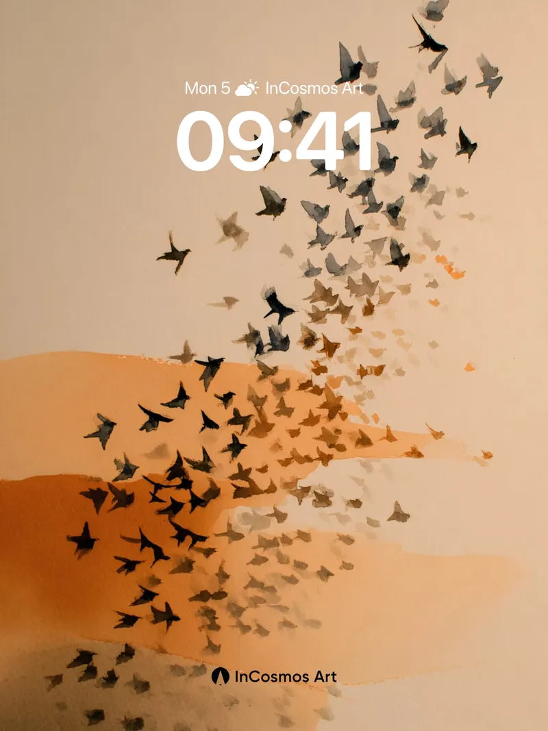 Silhouetted Flight Wallpaper with Amber Currents