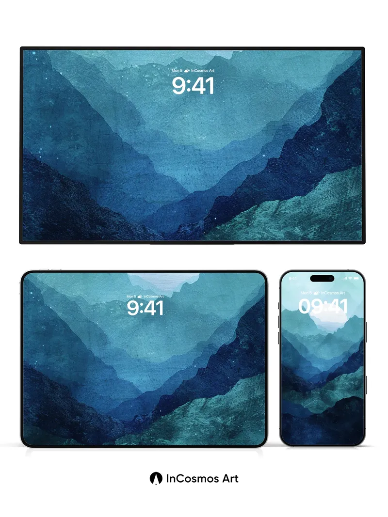 Cerulean Valley Wallpaper with Moonlit Peaks