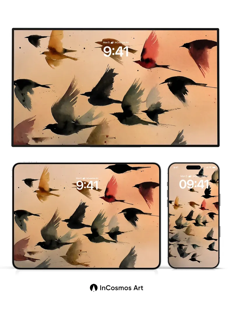 Silhouetted Flight Wallpaper with Ink-Wash Wings