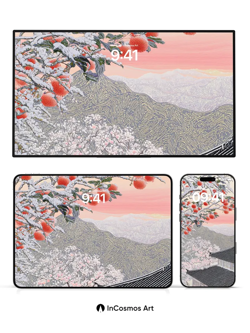 Snow-Kissed Cherry Wallpaper with Crimson Fruits