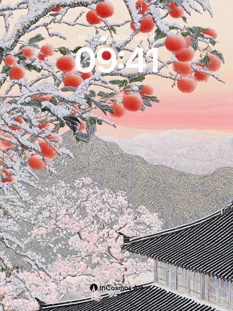 Snow-Kissed Cherry Wallpaper with Crimson Fruits wallpaper for iPhone, iPad & Mac