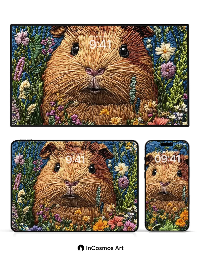 Whispering Meadow Wallpaper with Embroidered Guinea Pig