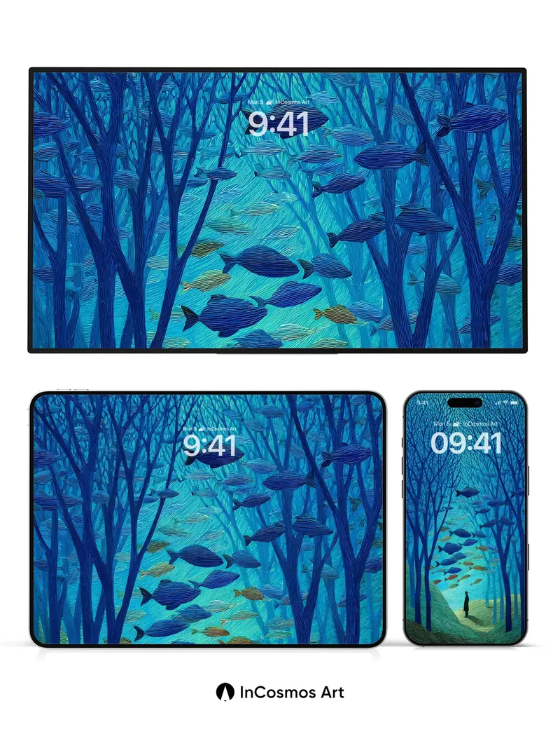 Surreal Forest Wallpaper with Fish-Swimming Trees