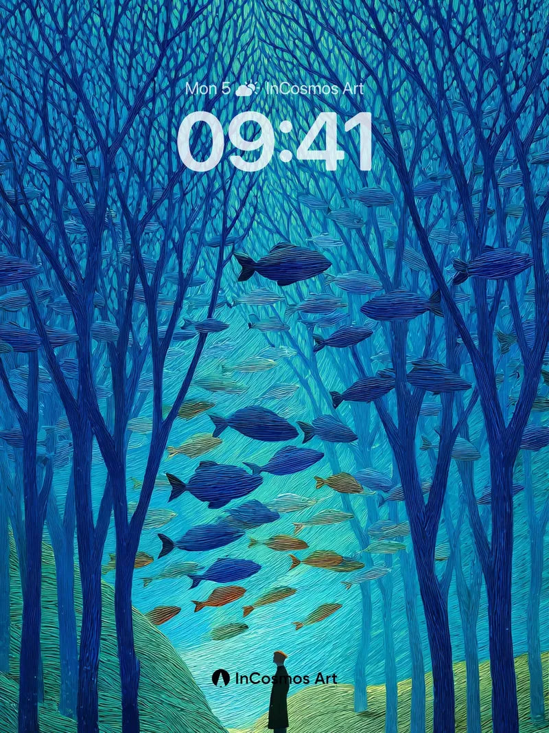 Surreal Forest Wallpaper with Fish-Swimming Trees