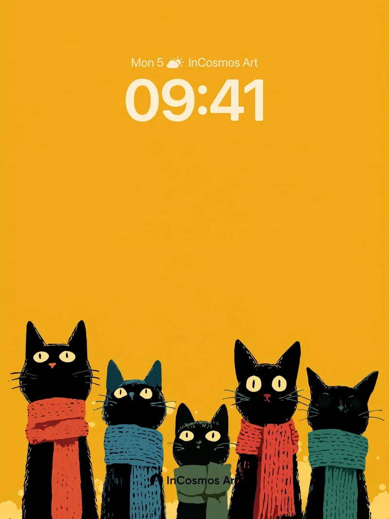 Whimsical Feline Gathering Wallpaper with Scarf-Clad Cats wallpaper for iPhone, iPad & Mac