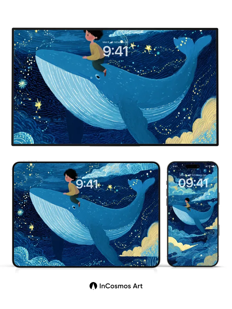Starry Night Whale Wallpaper with Cosmic Clouds