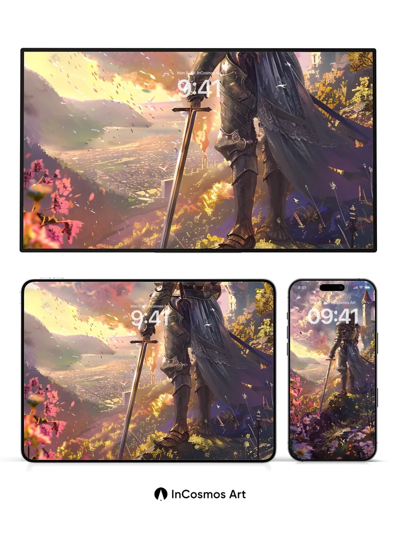 Ethereal Knight Wallpaper with Floating Petals