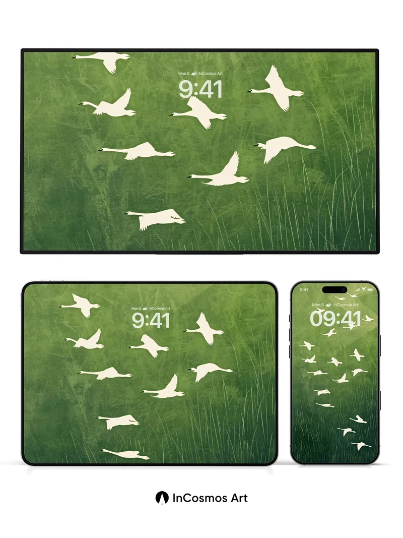 Serene Swan Migration Background with Misty Green Haze