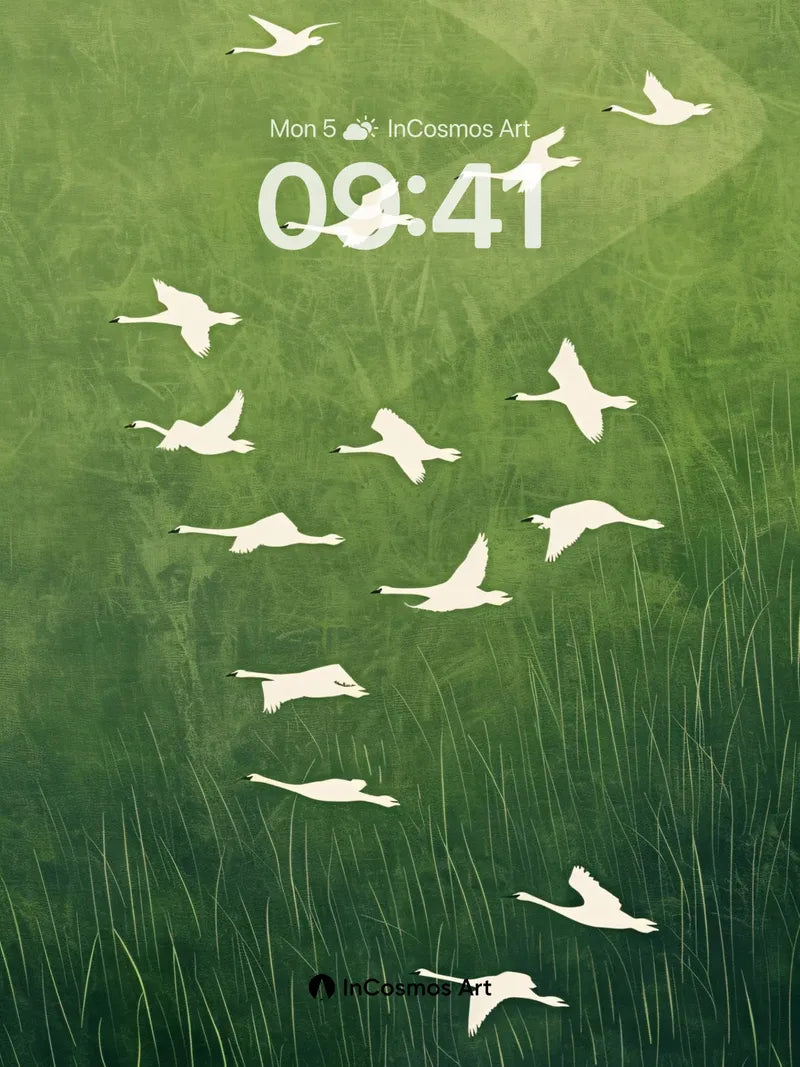 Serene Swan Migration Background with Misty Green Haze wallpaper for iPhone, iPad & Mac