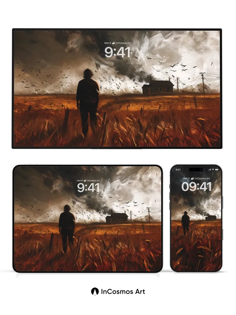 Storm-Swept Field Wallpaper with Flickering Horizons