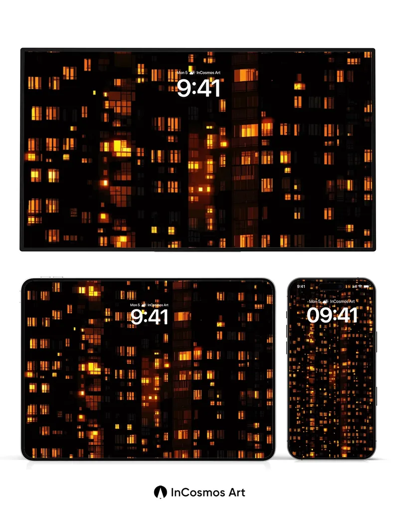 Copper Grid Wallpaper with Glowing Windows