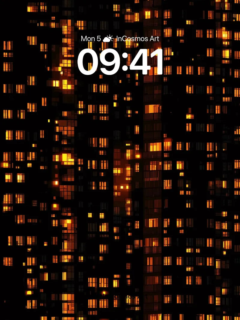 Copper Grid Wallpaper with Glowing Windows