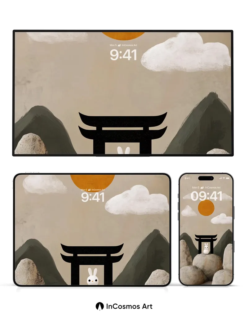 Serene Torii Wallpaper with Moon Rabbit