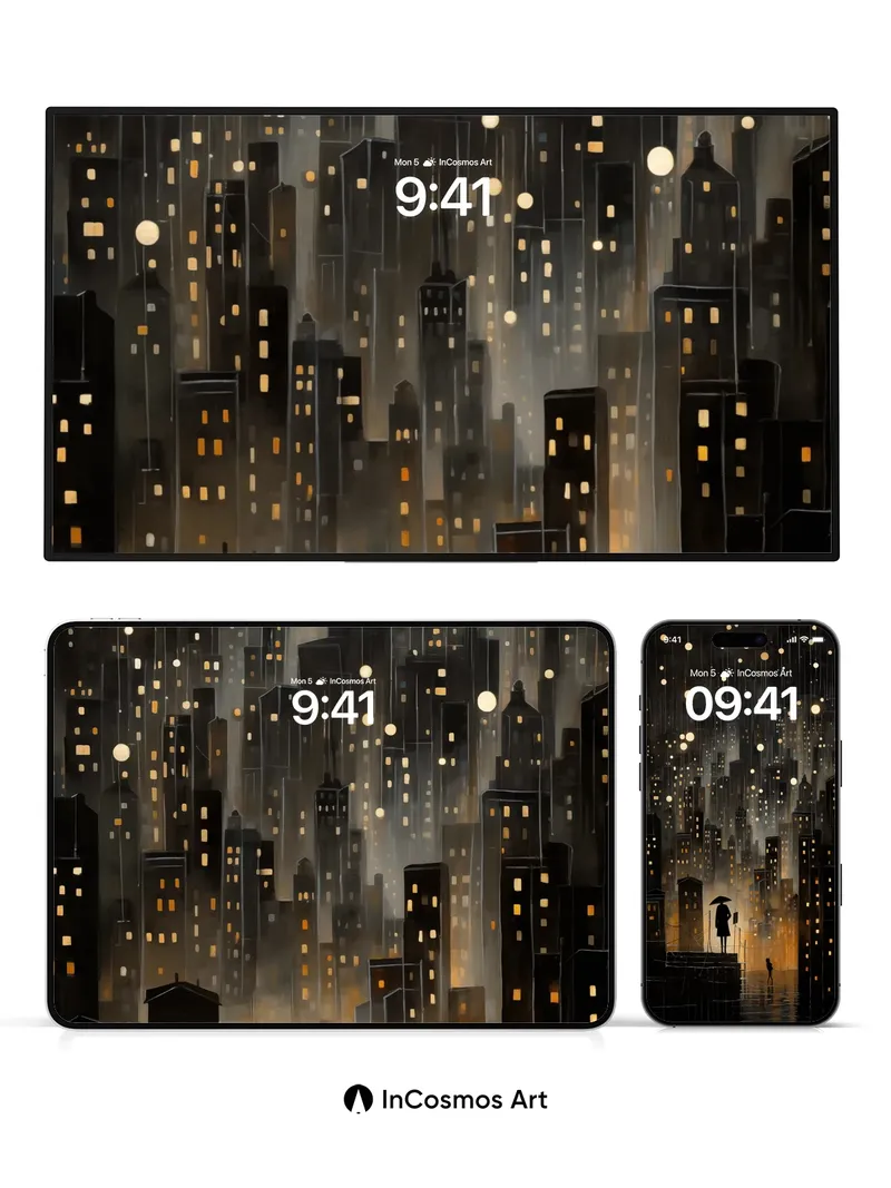 Luminous Rain Wallpaper with City Silhouettes