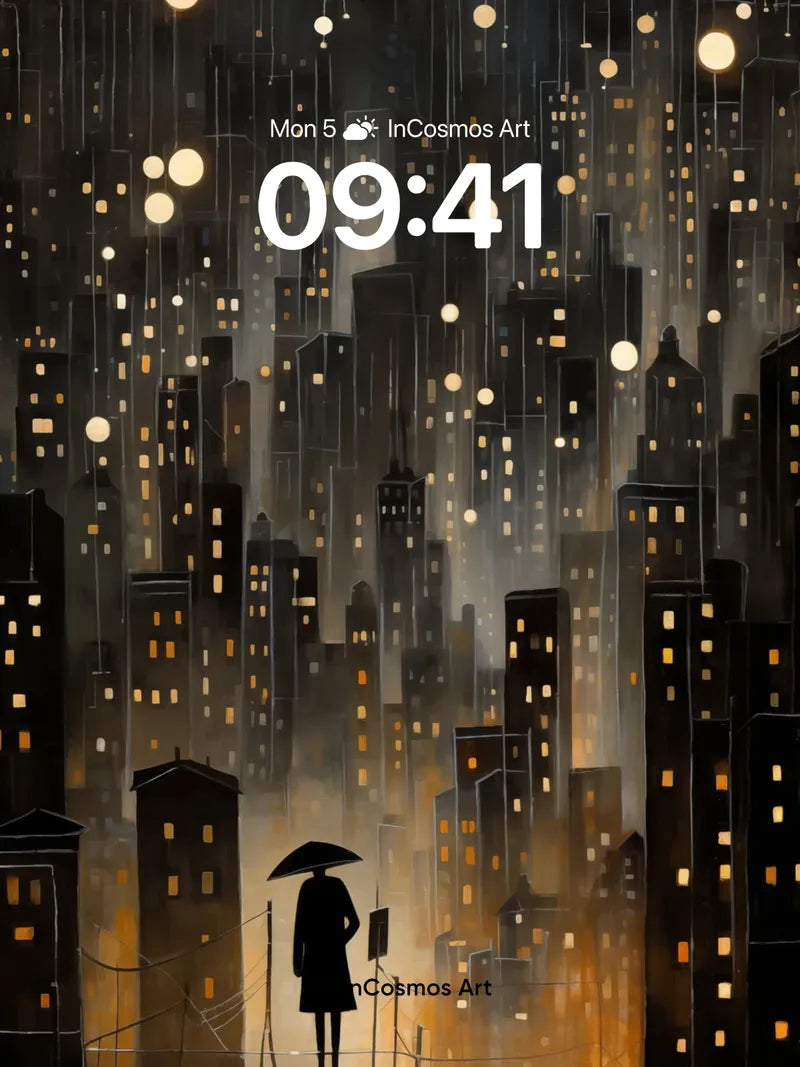 Luminous Rain Wallpaper with City Silhouettes