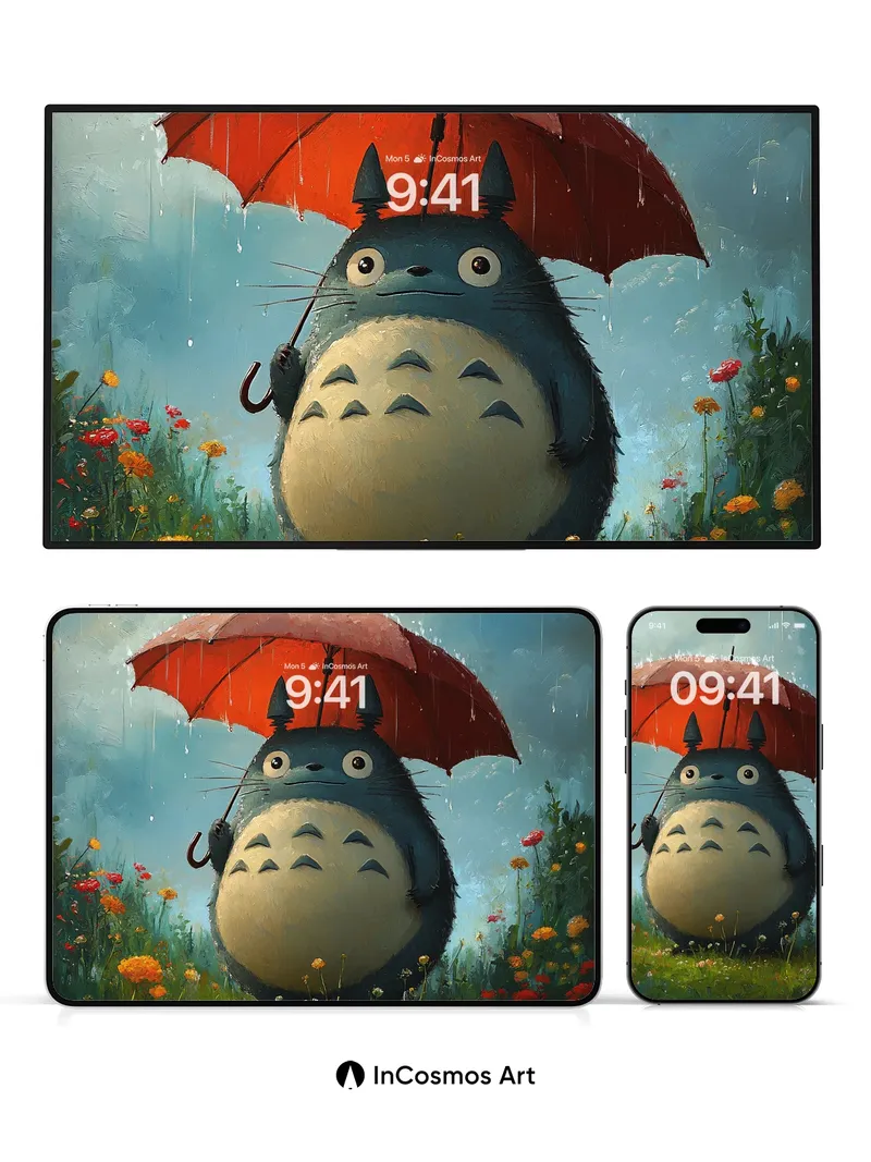 Whispering Rain Totoro Wallpaper with Red Umbrella