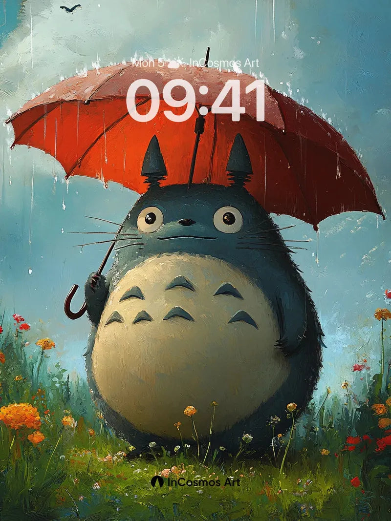Whispering Rain Totoro Wallpaper with Red Umbrella