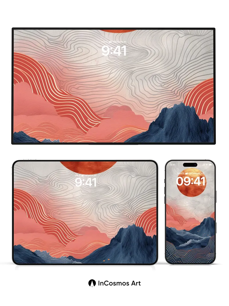 Crimson Horizon Wallpaper with Wave-etched Peaks