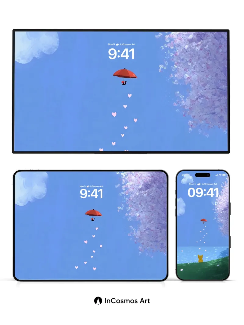 Serene Skyfall Wallpaper with Floating Umbrella