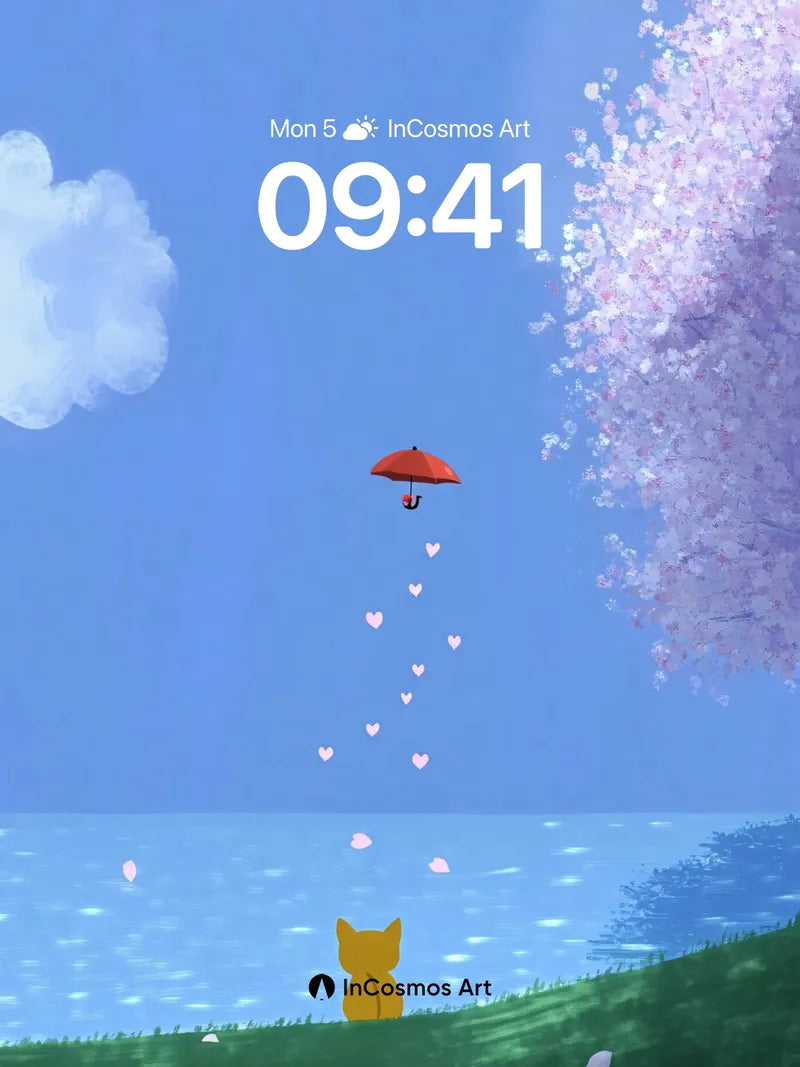 Serene Skyfall Wallpaper with Floating Umbrella