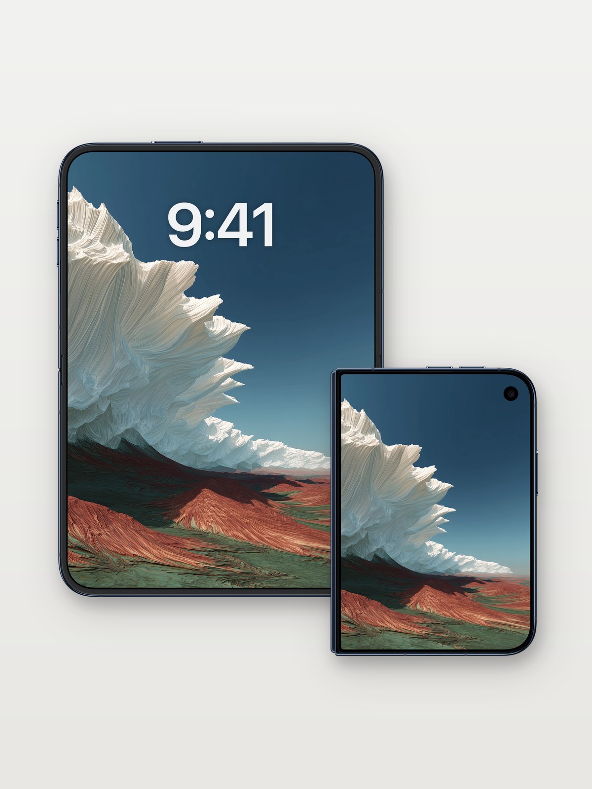 Crimson Dunes Wallpaper with Folded Sky on iPhone Duo, open and closed