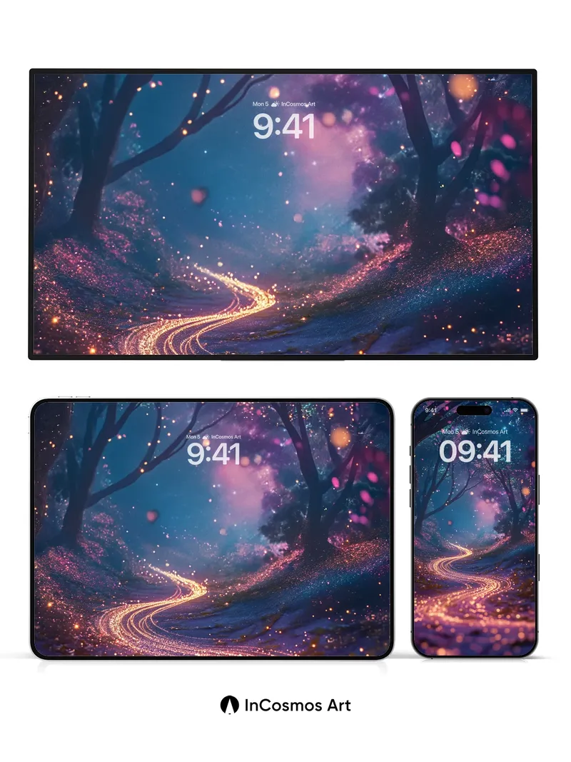 Luminous Pathway Wallpaper with Starlight Trails