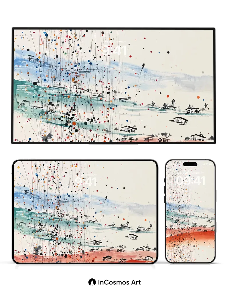 Whimsical Rainfall Wallpaper with Village Silhouettes
