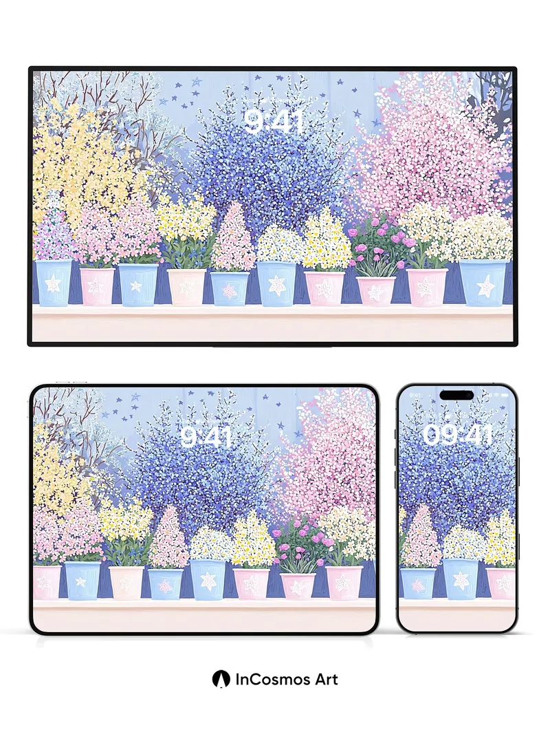 Starlit Garden Wallpaper with Whimsical Pots