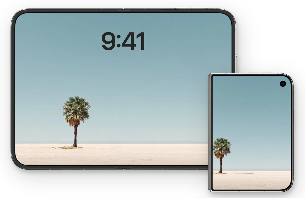 iPhone Duo open and closed, showing a desert palm wallpaper from InCosmos Art