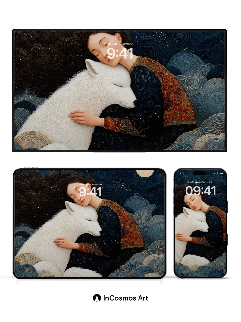 Serenity Moonlight Wallpaper with White Fox Embrace