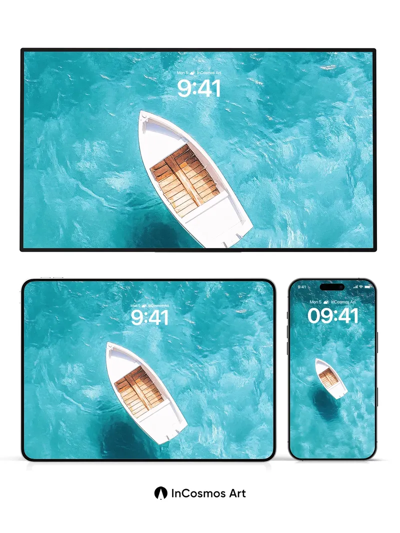 Turquoise Solitude Wallpaper with Floating Boat