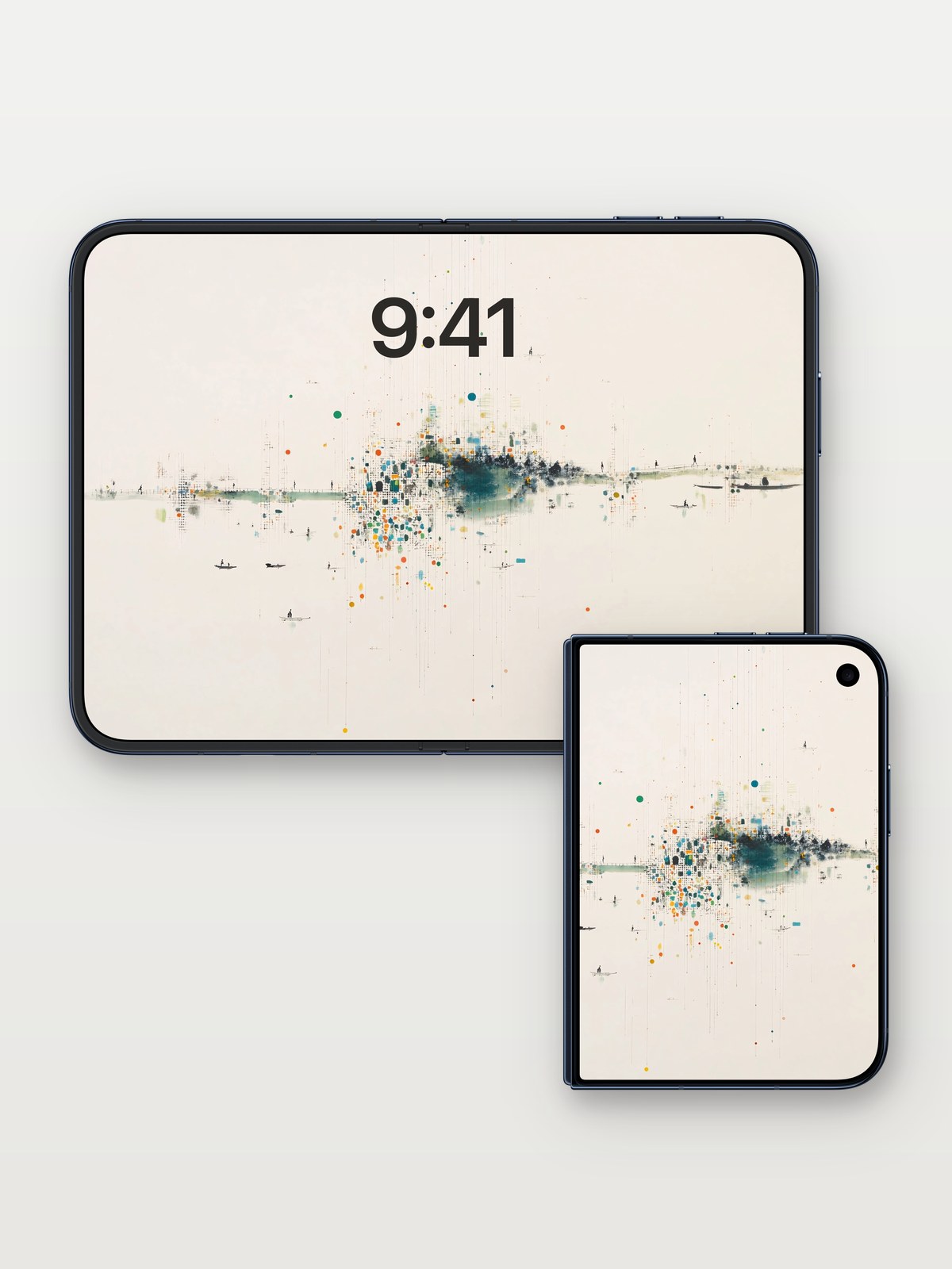 Floating Color Burst Wallpaper with Ethereal Reflections on iPhone Duo, open and closed