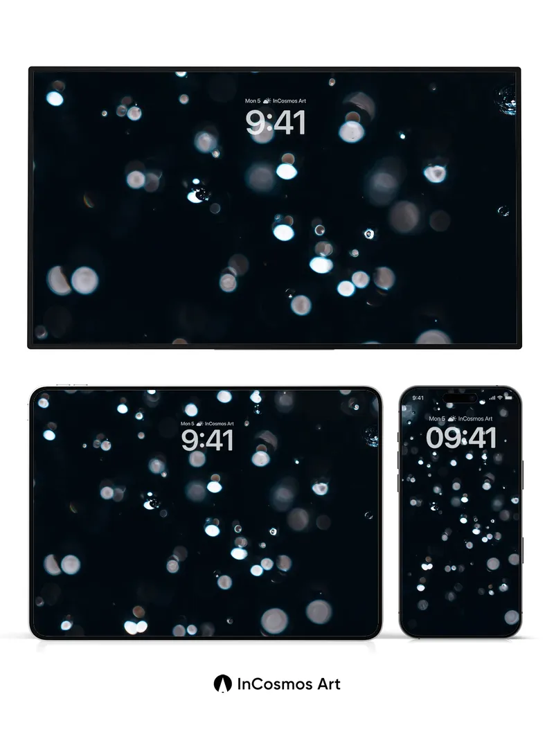 Midnight Drizzle Wallpaper with Floating Light Pearls