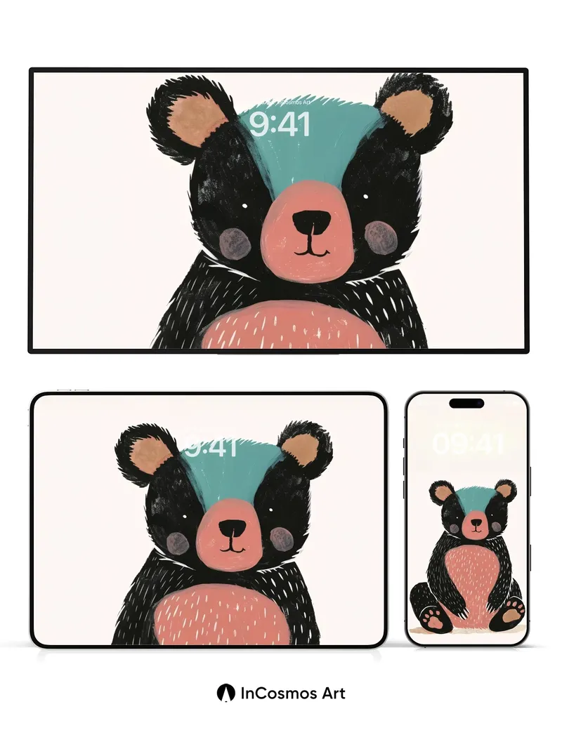 Whimsical Bear Wallpaper with Teal Crown