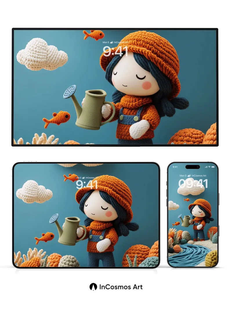 Whimsical Knit Garden Wallpaper with Floating Clouds