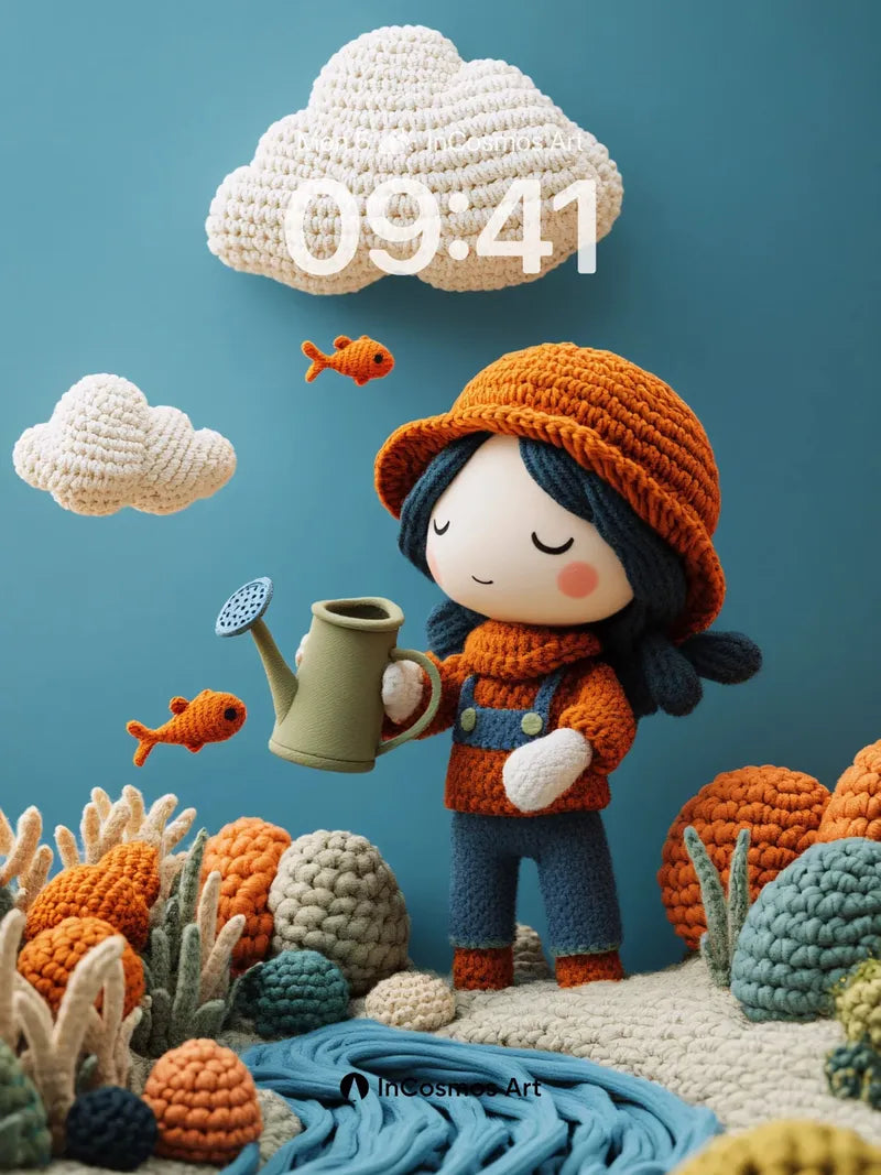 Whimsical Knit Garden Wallpaper with Floating Clouds