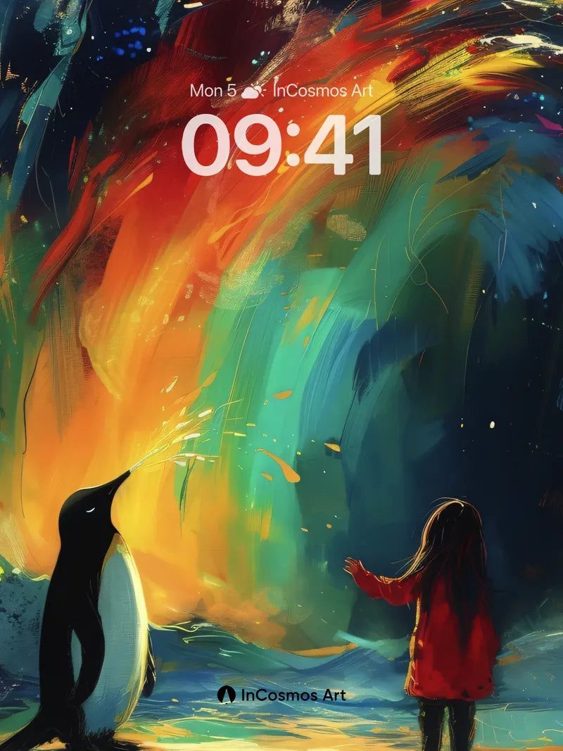 Cosmic Whisper Wallpaper with Penguin and Child wallpaper for iPhone, iPad & Mac
