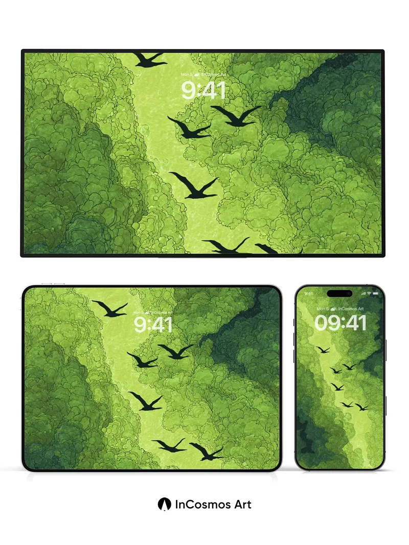 Emerald Veil Wallpaper with Shadow Birds