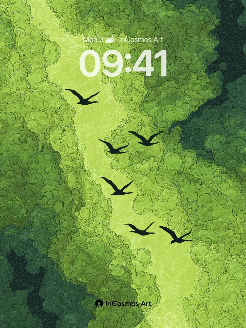 Emerald Veil Wallpaper with Shadow Birds