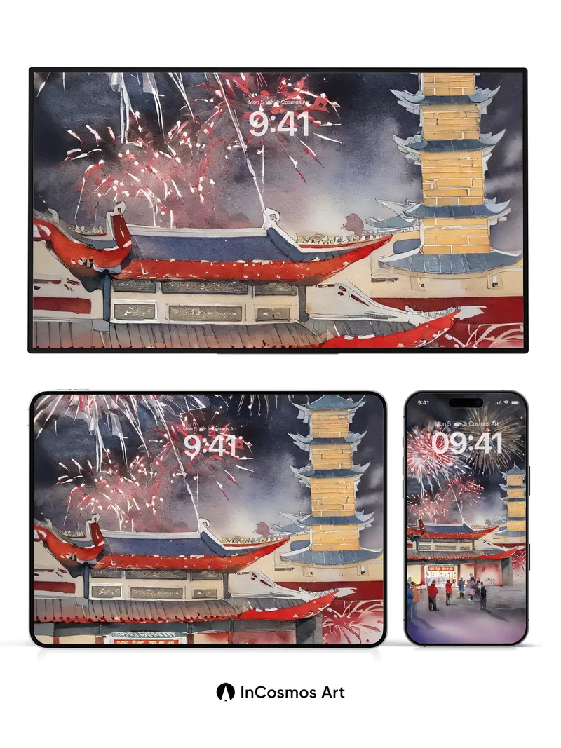 Firework Reverie Wallpaper with Ancient Pagoda Glow