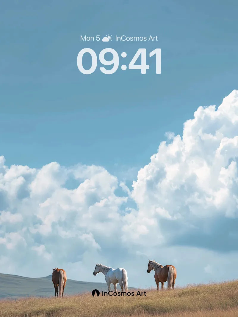 Serenity Meadow Wallpaper with Cloud-Brushed Horses wallpaper for iPhone, iPad & Mac