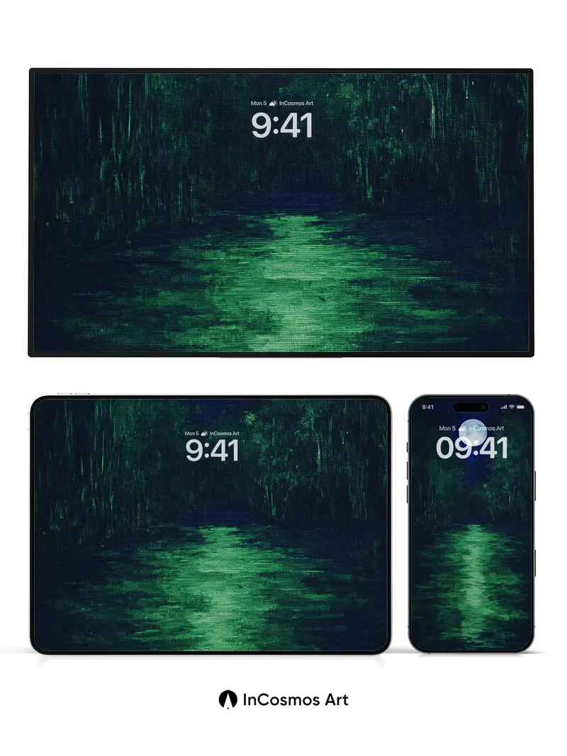 Moonlit Path Wallpaper with Emerald Reflections