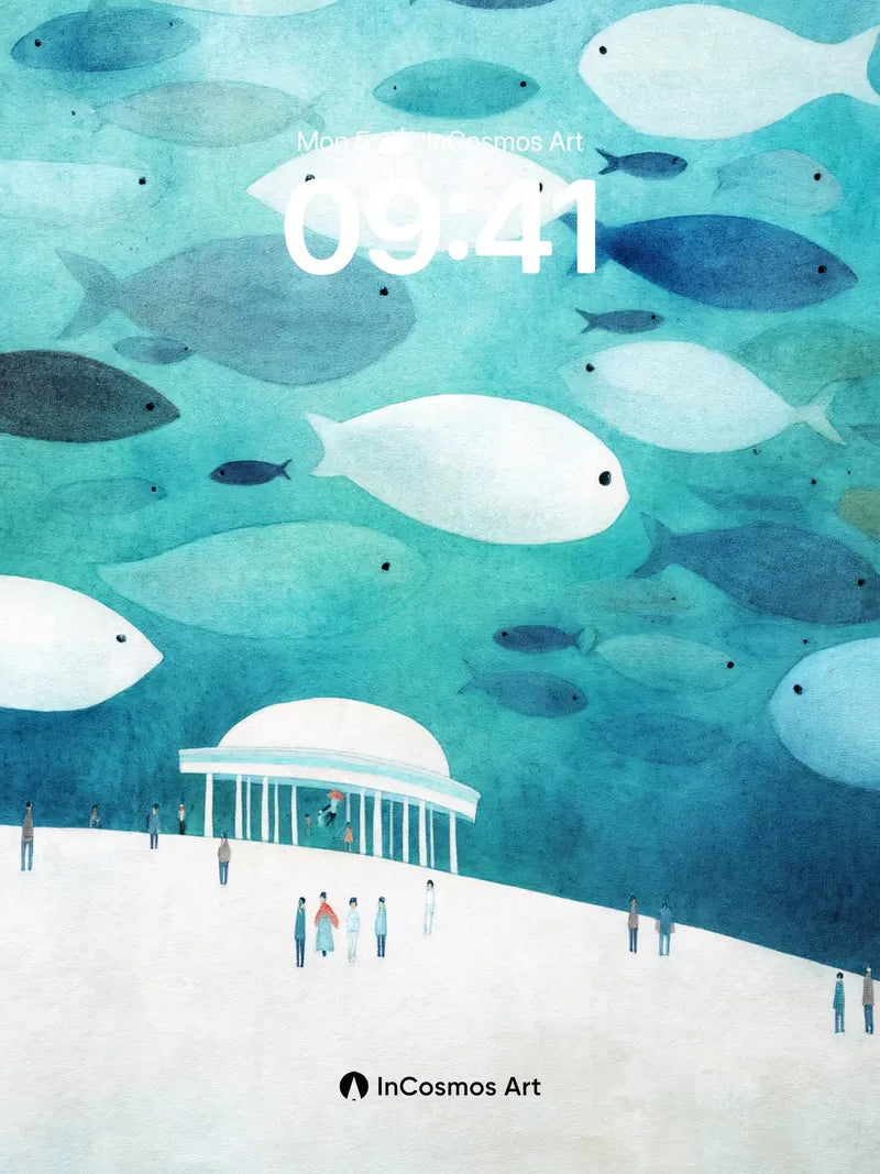 Surreal Sea Mirage Wallpaper with Floating Fish wallpaper for iPhone, iPad & Mac
