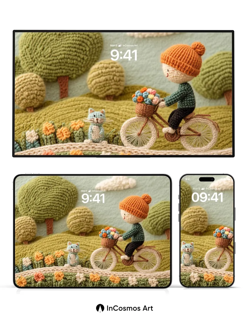 Whimsical Knit World Wallpaper with Cat Companion