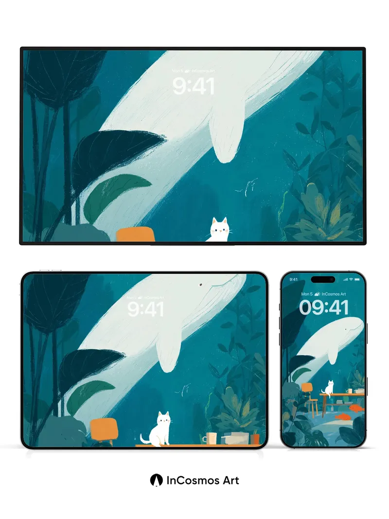 Whispering Depths Wallpaper with Floating Cat